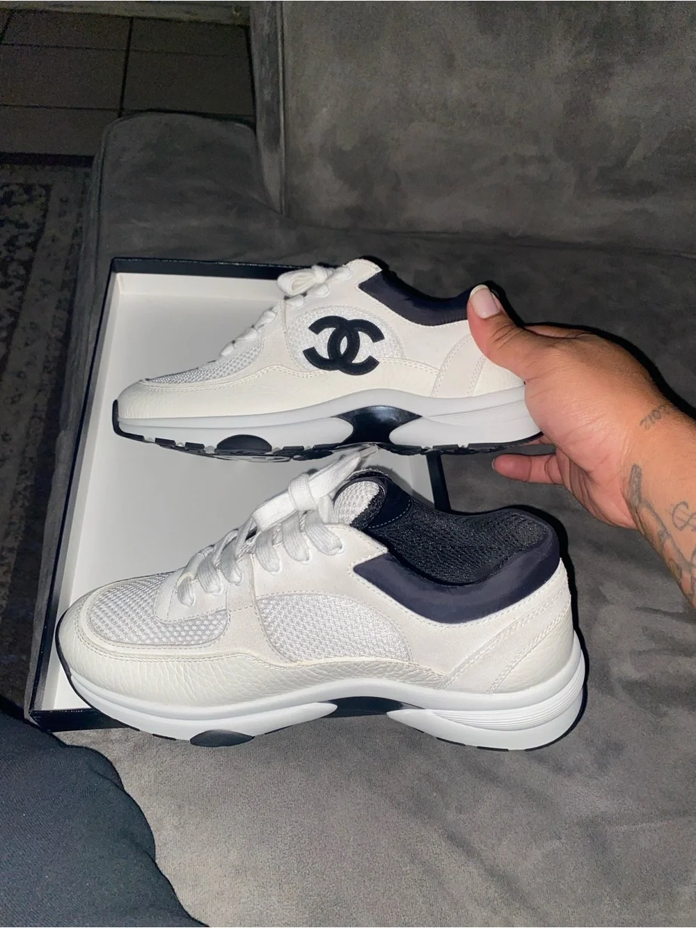 CHANEL White and Black Low-Top Sneakers
